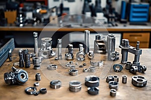 Precision engineering components display on workbench in manufacturing facility