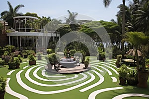 Meticulously arranged striped garden. vibrant grass and lush trees for captivating landscape design