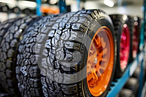 Meticulously arranged tire shelf with a vibrant orange standout for a striking visual contrast