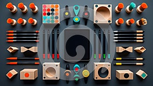Symmetrical Flat Lay of Modern Art Supplies on Dark Background