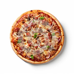 Meticulously Crafted Pizza With Tomato Sauce, Onions, Mushroom, And Olives photo