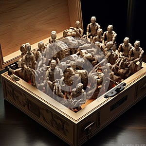 Meticulously Crafted Wooden Box with Miniature Robotic Arms