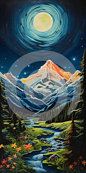 Meticulously Detailed Painting Of Mountains With Full Moon