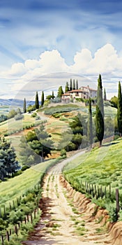 Meticulously Detailed Watercolor Of Tuscany\'s Dirt Road