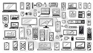 A meticulously drawn collection of various electronic devices, e