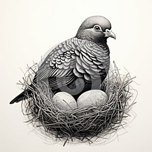 Meticulously Hatched Pigeon Illustration, Black Ink on White Paper