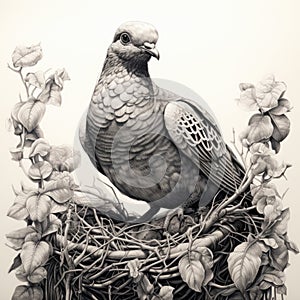 Meticulously Hatched Pigeon Illustration, Black Ink on White Paper