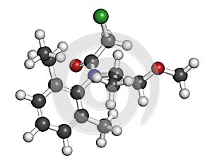 Metolachlor herbicide weed killer molecule. Atoms are represented as spheres with conventional color coding: hydrogen white,. photo