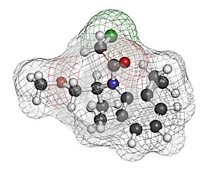 Metolachlor herbicide weed killer molecule. Atoms are represented as spheres with conventional color coding: hydrogen white,. photo