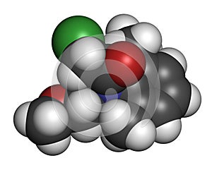 Metolachlor herbicide weed killer molecule. Atoms are represented as spheres with conventional color coding: hydrogen white,. photo