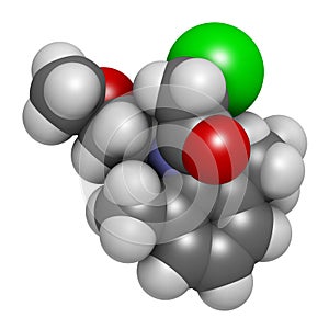 Metolachlor herbicide (weed killer) molecule. 3D rendering.  Atoms are represented as spheres with conventional color coding: photo