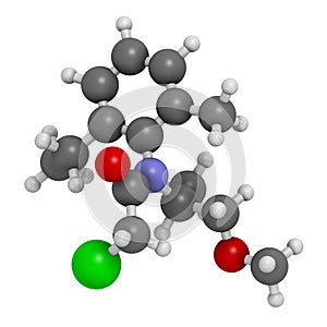 Metolachlor herbicide (weed killer) molecule. 3D rendering.  Atoms are represented as spheres with conventional color coding: photo
