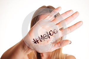 ` METOO` text in woman`s hands. Female empowering movement concept.