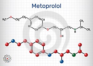 Metoprolol,  C15H25NO3 molecule. It is used in the treatment of hypertension and angina pectoris. Sheet of paper in a cage
