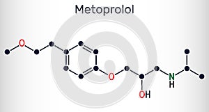 Metoprolol,  C15H25NO3 molecule. It is used in the treatment of hypertension and angina pectoris. Structural chemical formula