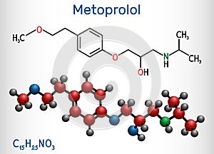 Metoprolol,  C15H25NO3 molecule. It is used in the treatment of hypertension and angina pectoris. Structural chemical formula and