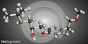 Metoprolol drug molecule. It is used in the treatment of hypertension and angina pectoris. Molecular model. 3D rendering