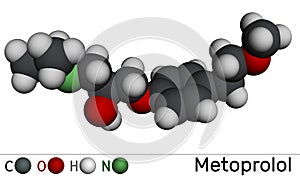 Metoprolol drug molecule. It is used in the treatment of hypertension and angina pectoris. Molecular model. 3D rendering