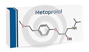 Metoprolol drug molecule. It is used in the treatment of hypertension and angina pectoris. Skeletal chemical formula. Paper