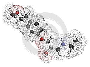 Metoprolol high blood pressure drug molecule beta blocker. Atoms are represented as spheres with conventional color coding:.