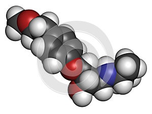 Metoprolol high blood pressure drug molecule beta blocker. Atoms are represented as spheres with conventional color coding:.