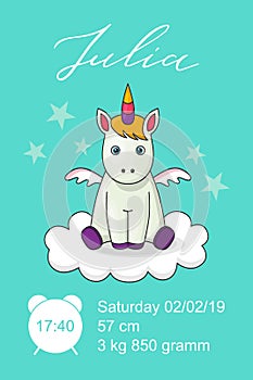 Metric baby girl poster with flat cartoon unicorn, hand drawn Julia white name, calligraphy text. Time, date of the