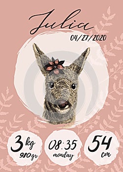 Metric baby girl poster with roe deer with flower sketch, hand drawn Julia name, calligraphy text. Time, date of the