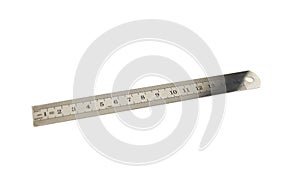 Metric (cm, centimeters) steel (metal) ruler isolated on a white background