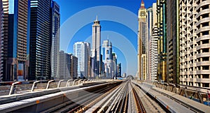 Metro on the background of skyscrapers of Dubai World Trade cent