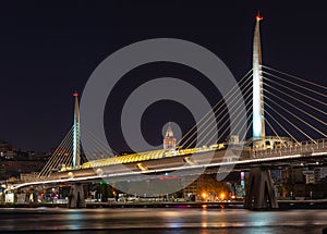 Metro bridge across the Golden Horn at night, Istanbul, Turkey