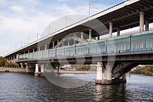 Metro bridge and Moscow river, view of Luzhnetskaya embankment, sunny autumn day of 2020, Moscow