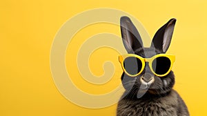 Metro cool black bunny rabbit in yellow sunglasses on yellow background with copy space