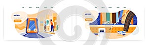 Metro landing page design, website banner vector template set. Blind man with cane waiting for train at tactile paving.