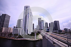 The Metro Mover Rail Bridge over the River Deviding Downtown Miami and Brickell