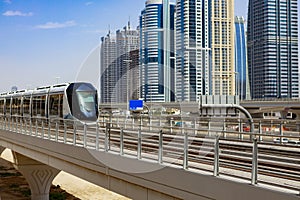 Metro railway train in Dubai city in UAE