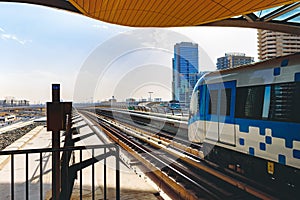 Metro railway train in Dubai city in UAE