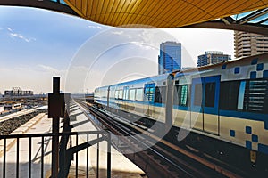 Metro railway train in Dubai city in UAE