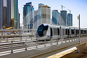 Metro railway train in Dubai city in UAE
