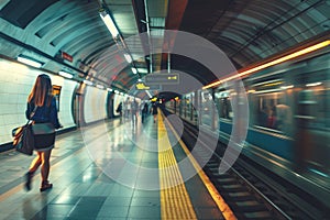 Metro station with blurred traffic and crowd, Modern subway station with people