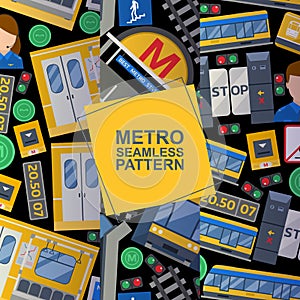 Metro station elements set of seamless patterns background including train, platform, ticket, driver, doors, card, map