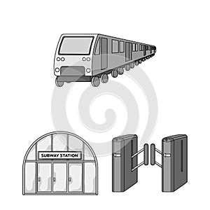 Metro, subway monochrome icons in set collection for design.Urban transport vector symbol stock web illustration.
