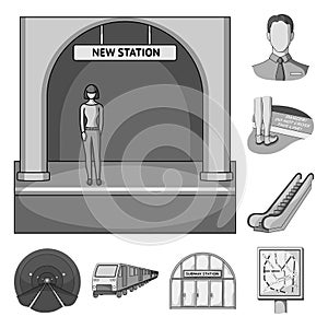 Metro, subway monochrome icons in set collection for design.Urban transport vector symbol stock web illustration.