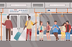 Metro, subway train, public transport flat vector illustration. Underground railway carriage interior, people in