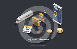 Metro Ticket Online Buying Concept. Passenger Is Buying Ticket At Automat Or Ticket Machine Vending. Man At Subway Gate