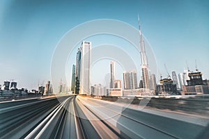 Metro track with skyline of Dubai - UAE