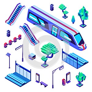 Metro train station vector isometric illustration