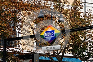 Metro underground sign in Chueca quarter, Madrid