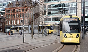 Metrolink Tram at St Peters Square Station.  Public Transport Vehicle.