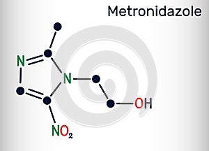 Metronidazole, antiprotozoal medication molecule. It is antibiotic, belonging to the nitroimidazole class of antibiotics. Skeletal photo