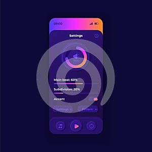 Metronome parameters smartphone interface vector template. Mobile app page dark design layout. Musicians auxiliary application